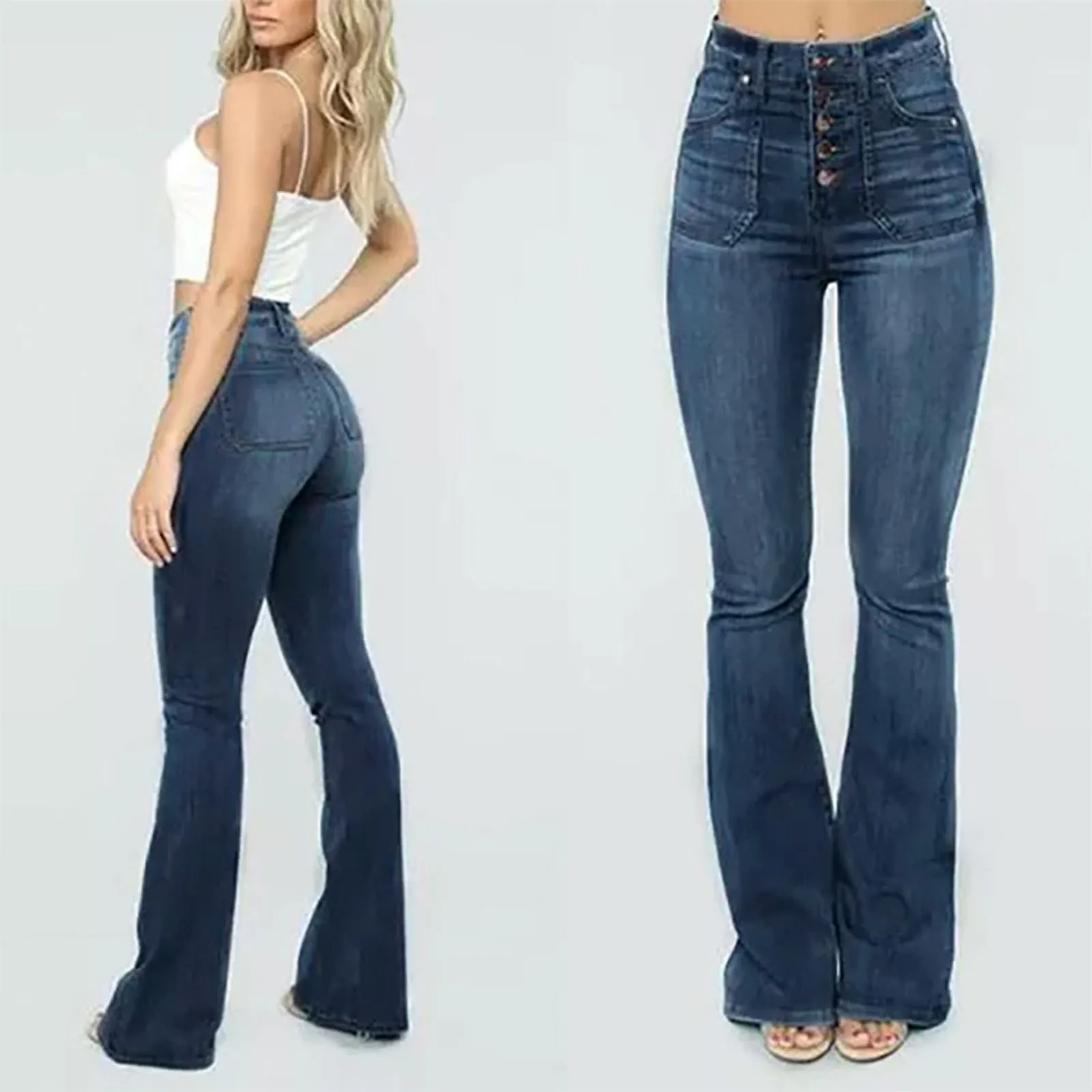 

Flared Denim Pants Women Jeans Y2k Aesthetics High Waist Trousers Streetwear Solid Color Elastic Washed Trousers Slim Pantalones