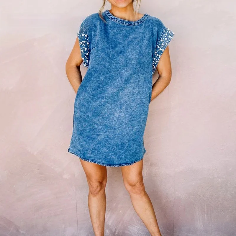 

2023 Summer Women Straight Denim Dress Bead O-Neck Sleeveless Solid Mini Dresses Ladies Fashion Casual Loose Waist Vintage 90s