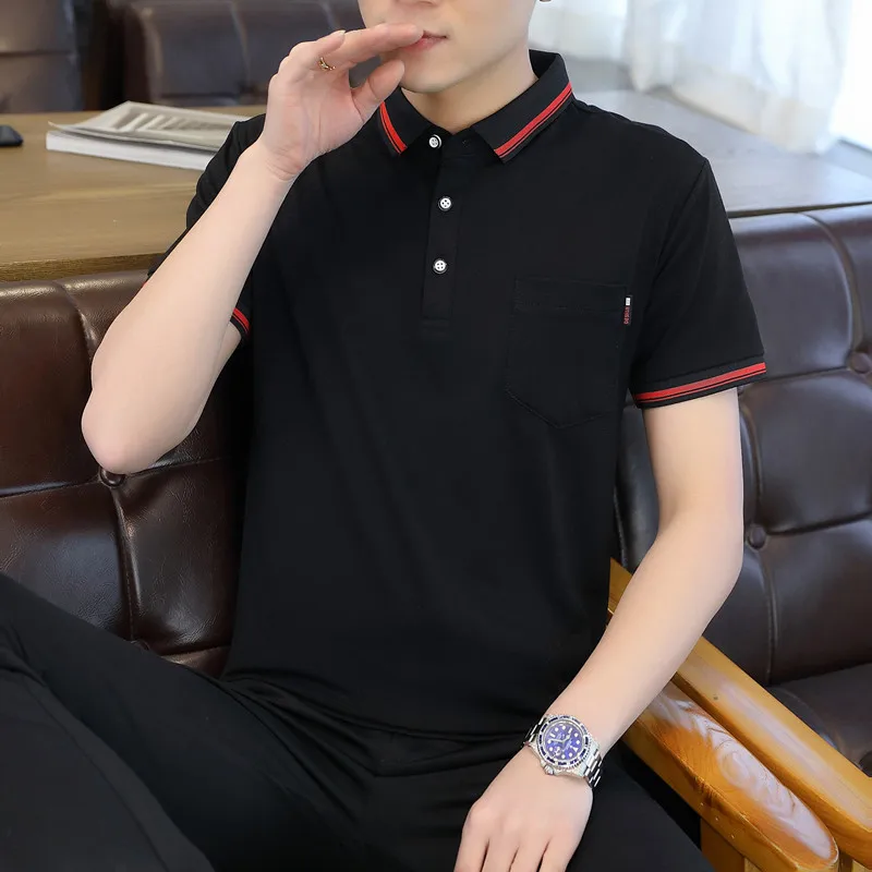 

Рубашка-поло мужская повседневная с короткими рукавами, приталенная дышащая футболка с карманами, однотонная одежда, лето