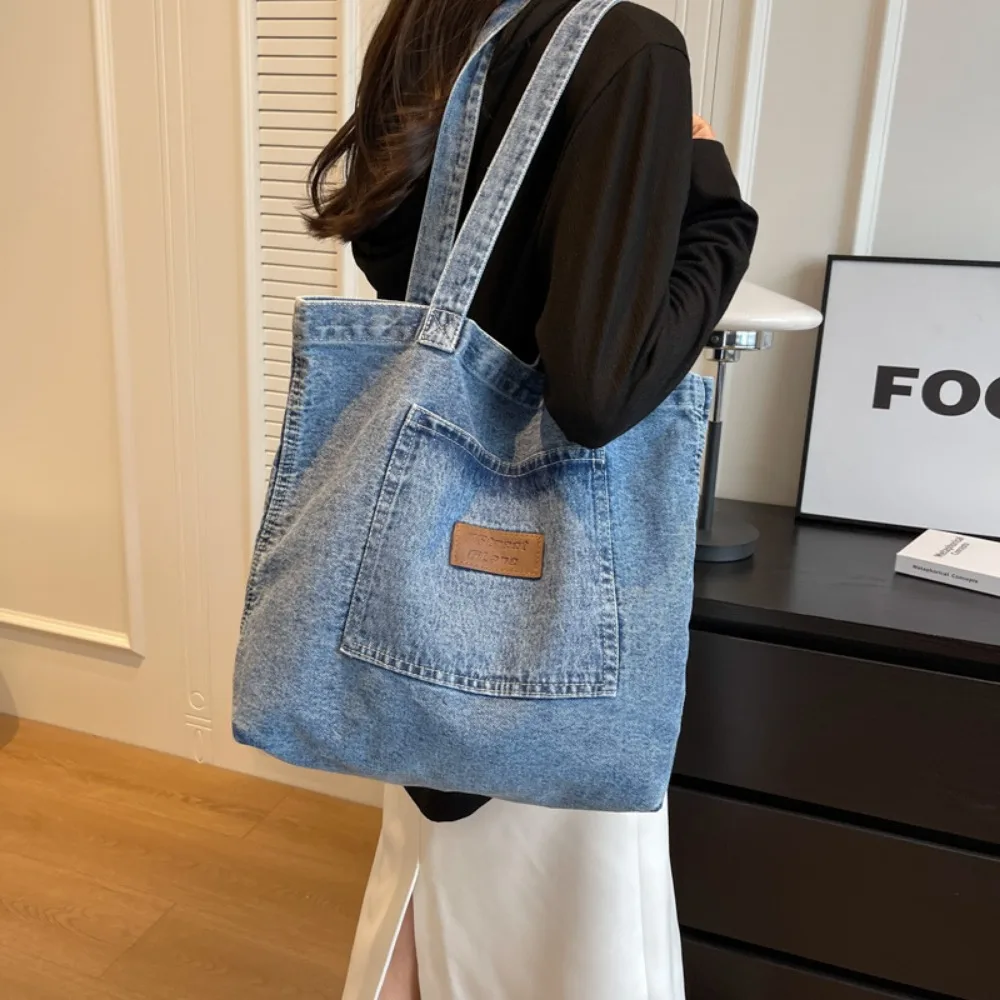 

Джинсовые сумки на плечо для женщин, Повседневная модная винтажная универсальная сумка-тоут для девочек-подростков, вместительная сумка для покупок с эффектом потертости