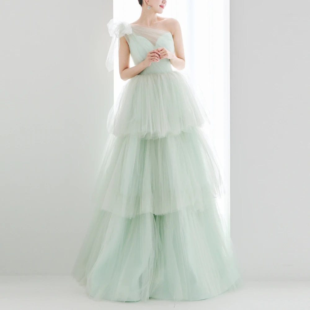 

ROSELLA Fairy Mint Green One Shoulder Prom Dresses Tulle Floor Length Tiered Party Ball Gown Korean Wedding Photo Shoot 2023