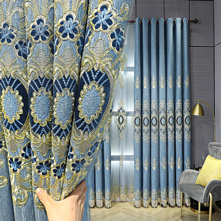 European Blue Thick Chenille Embroidered Bedroom Curtains Elegant Luxurious Delicate Thermal Insulated Curtain for Living Room