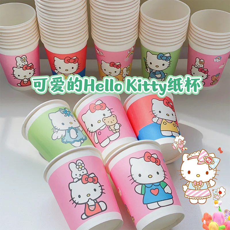 

200pcs Sanrios Hello Kitty Paper Cup Disposable Anime Cartoon Party Camping Office Thickened No Leaking Temperature Resistant