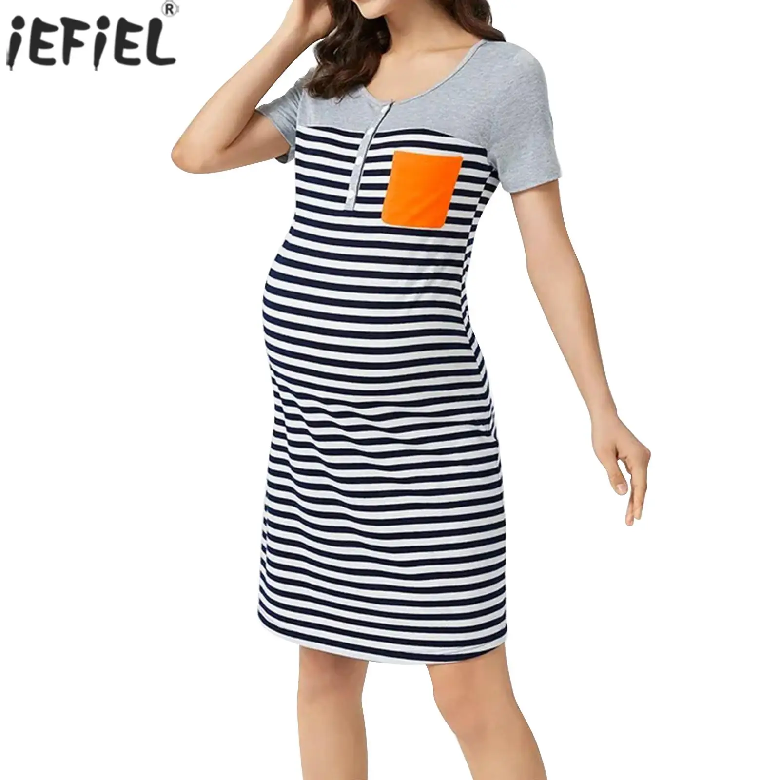 

Pregnant Women Casual Clothing Maternity Dress Short Sleeve Round Neck Button Closure Striped Dress for Women Breastfeeding Wear