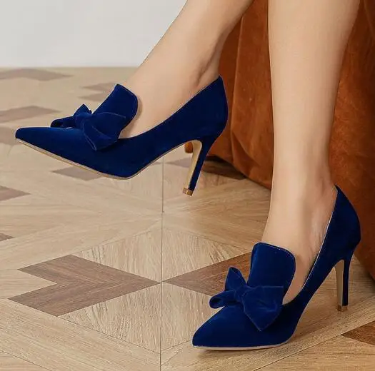 Королевские синие бархатные туфли-лодочки без шнуровки на тонком каблуке с