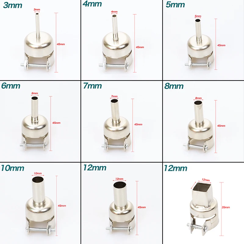 

3/4/5/6/7/8/10/12mm 45 Degree Curved Angle Heat Nozzle Sleeve For 850 Series Hot Air Soldering Rework Station Welding Nozzles