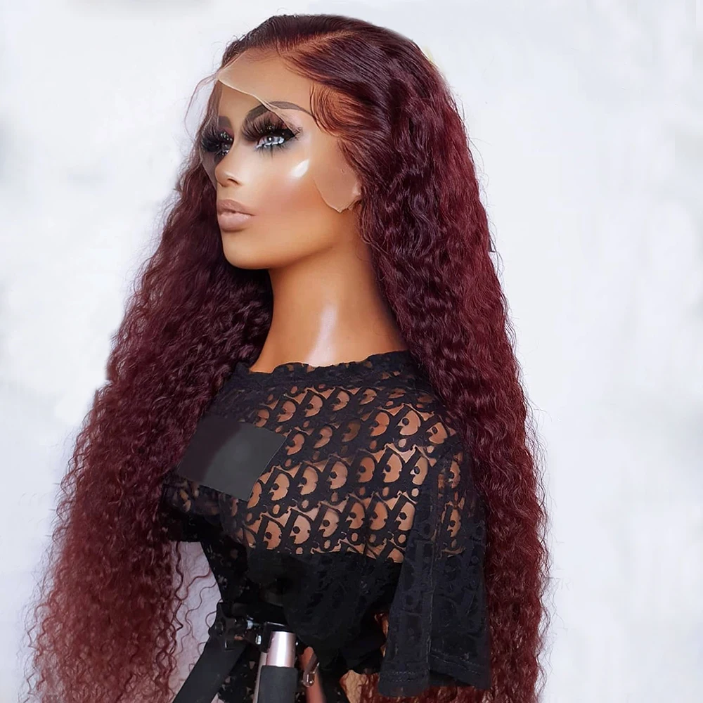 

Burgundy 26 inch Long Wine Kinky Curly Synthetic Lace Front Wig For Black Women Baby Hair Pre Plucked Heat Resistant Wig