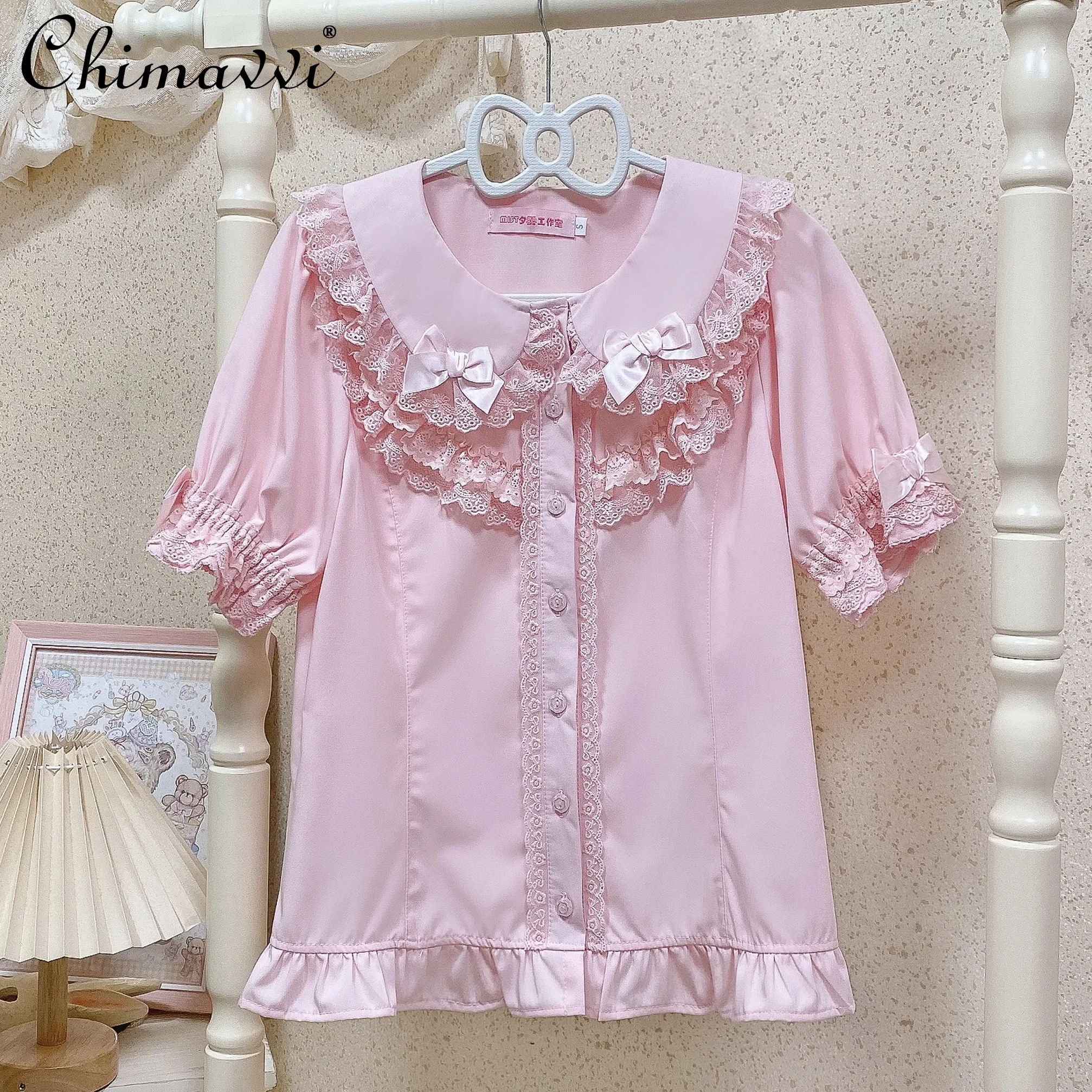 Лолита внутри с объемными рукавами Кукольный воротник Кружевная милая рубашка