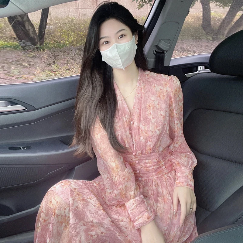 

Vintage Clothing V-Neck Dresses Print Korean Style Fashion New Long Sleeve Chiffon Dress Women Pink Vestidos Clothes Summer 2023