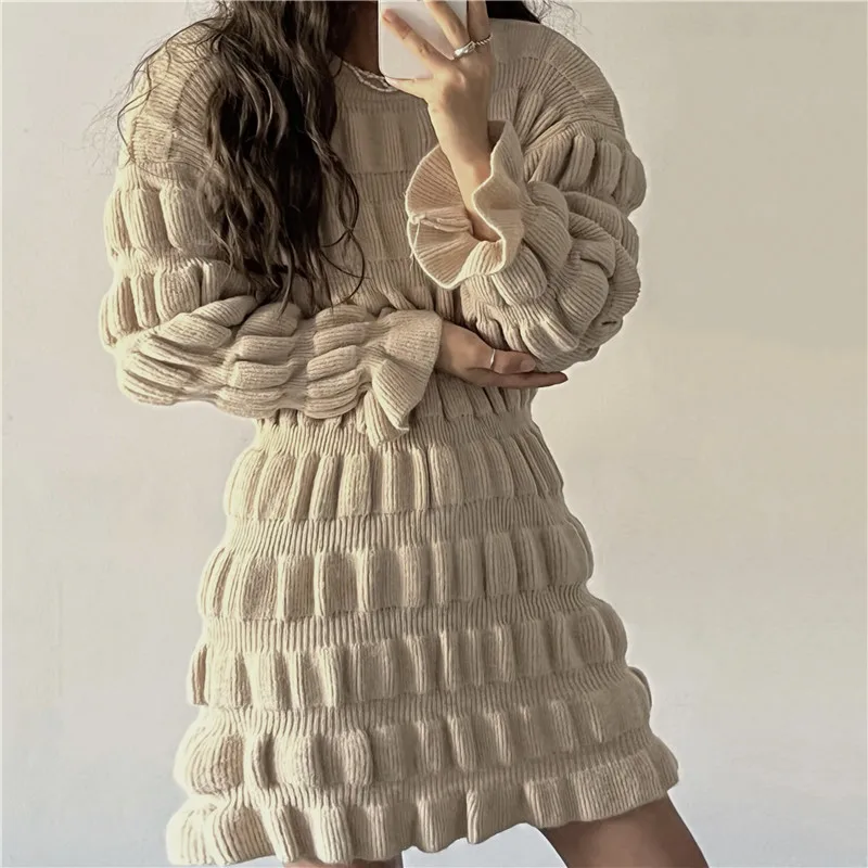 

Chic Vintage Korean Autumn Winter Knitted Pleated Dress Fashion Women O Neck Solid Color Long Sleeve Fold Bubble Sweater Dresses