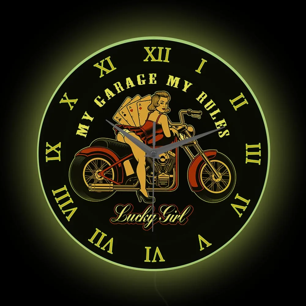 Retro Pinup Girl With Motorcycle LED Neon Wall Clock For Gar