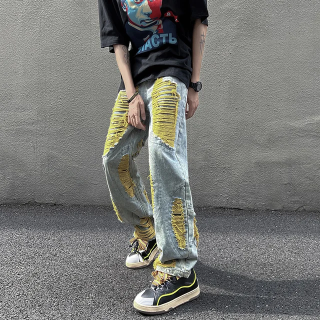 Ripped Line Hole Loose Baggy Jeans Men 