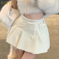 faux leather pleated skirt shorts high waist pink cute fake fur mini skirts girls white elegant sexy pu short skirt women