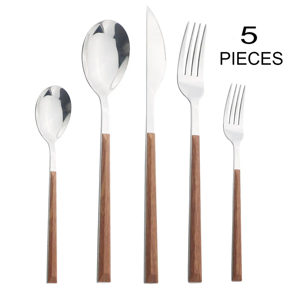 

5PCS Stainless Steel Imitation Wooden Handle Cutlery Set Dinnerware Clamp Western Tableware Knife Fork Tea Spoon Silverware