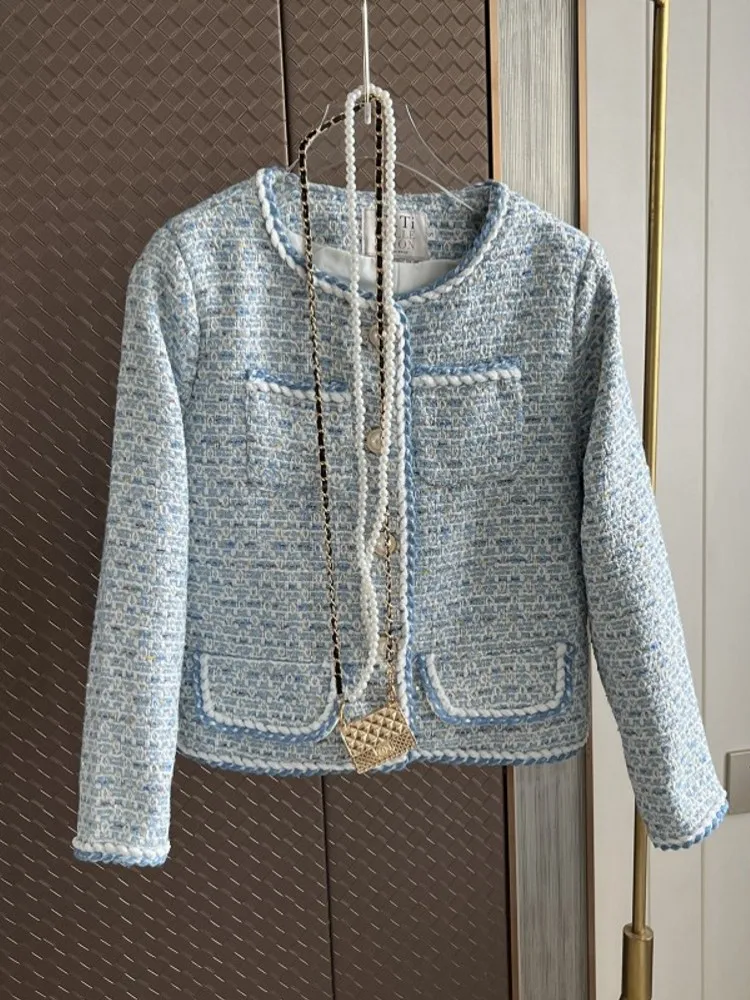 

Runway Streetwear French Small Fragrant Pearl Button Tweed Jacket Women's Clothes Luxury Korean Chic Woolen Coats Casacos Top