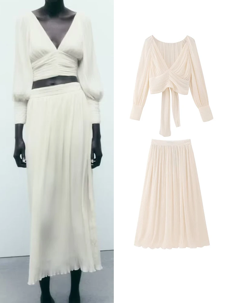 

TRAF Summer Elegant Women Solid Top Skirt Sets 2023 New Office Ladies Deep V-Neck Bow Decoration Long Sleeve Top+A-Line Skirt