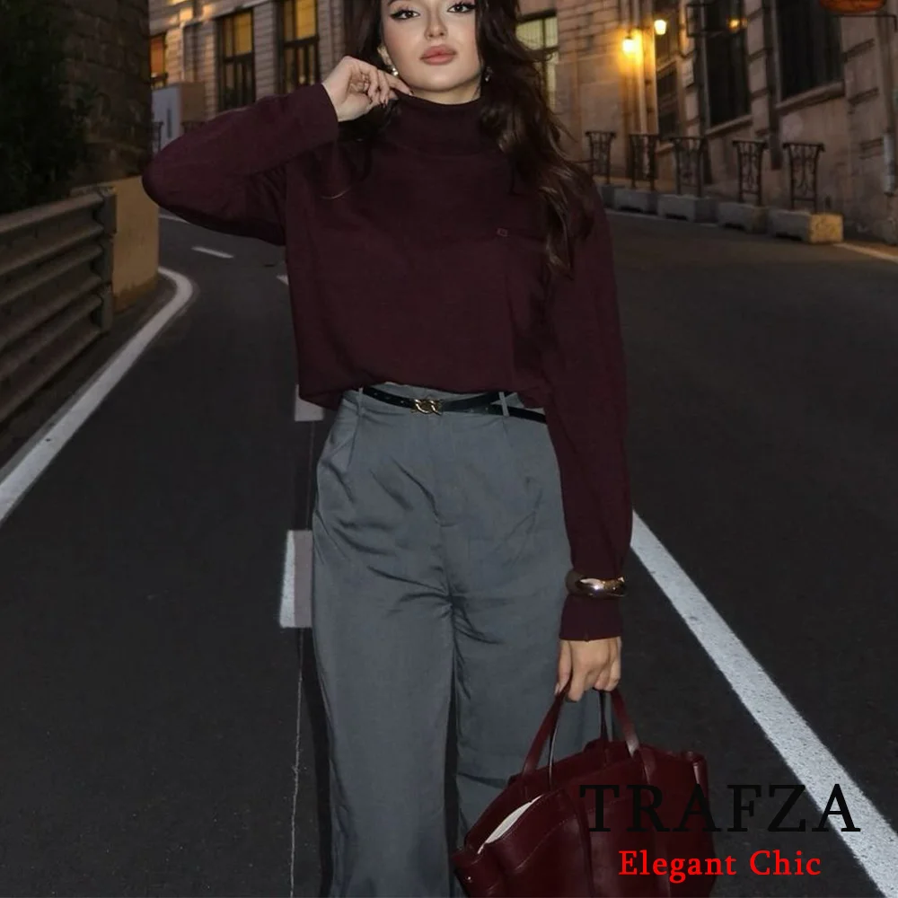 TRAFZA женский бордовый мягкий вязаный свитер базовый с круглым вырезом и длинными