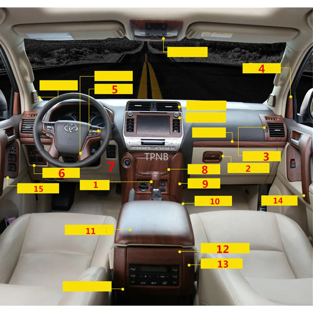 Фото Отделка салона автомобиля из персикового дерева для Toyota Land Cruiser Prado 150, 2018, 2019, 2020 лет, несколько вариантов аксессуаров №2