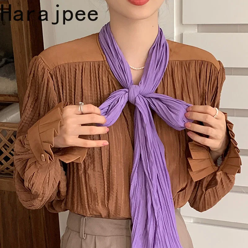 

Harajpee Vintage Stand Collar Ribbon Bowknot Contrast Color Flare Sleeve Korean Chic Pleated Blouse Spring New Women Loose Tops