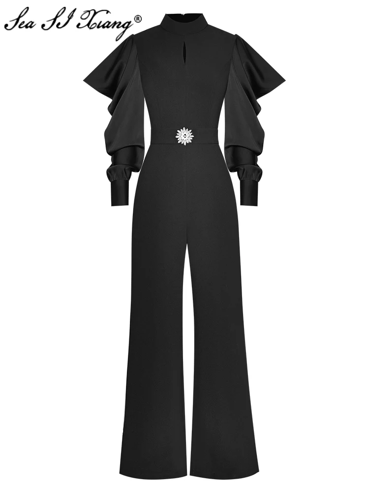 Seasixiang Fashion Designer Spring Velvet Jumpsuits Women Stand Collar Puff Sleeve Black Vintage Party Wide Leg Pants