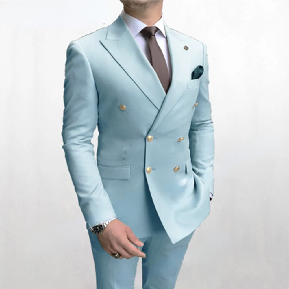 2022  Sky Blue Men Suits Double Breasted  Latest Design Gold Button Groom Wedding Tuxedos Best Costume Homme 2 Pieces