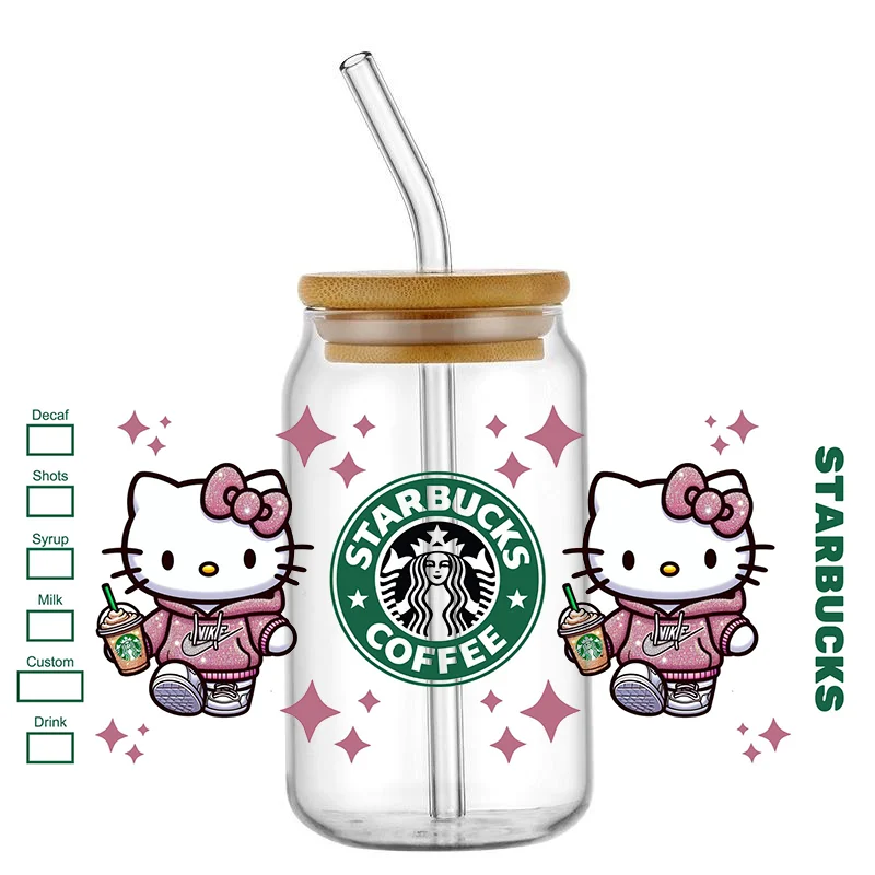 3D-рисунок из мультфильма 16 унций стеклянная банка Hello Kitty UV DTF Переводные