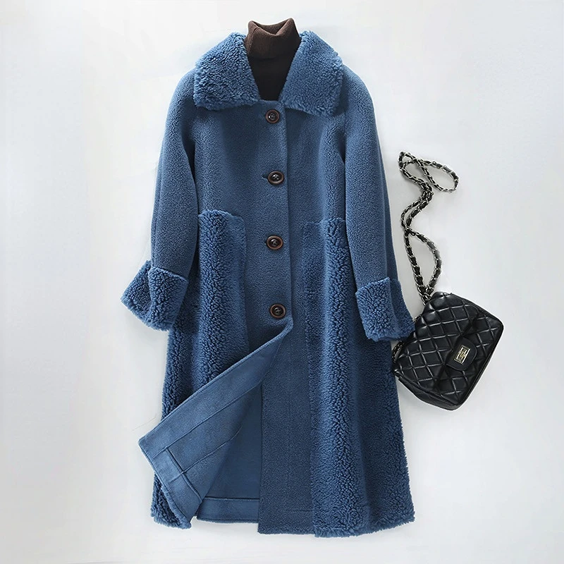 Winter Jacket Casual Long Cashmere Wool Blends Women Real Fur Coat Female Natural Fur Collar Fashion Streetwear Outerwear G211