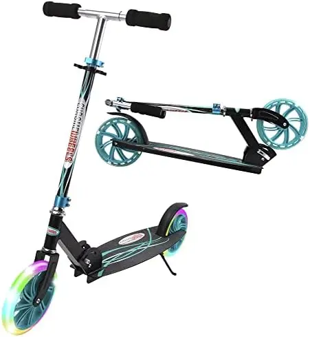 

Kick Scooter, Deluxe 8" Large 2 Light Up Wheels Wide Deck 5 Adjustable Height with Kickstand Foldable Scooters, Best Gift fo