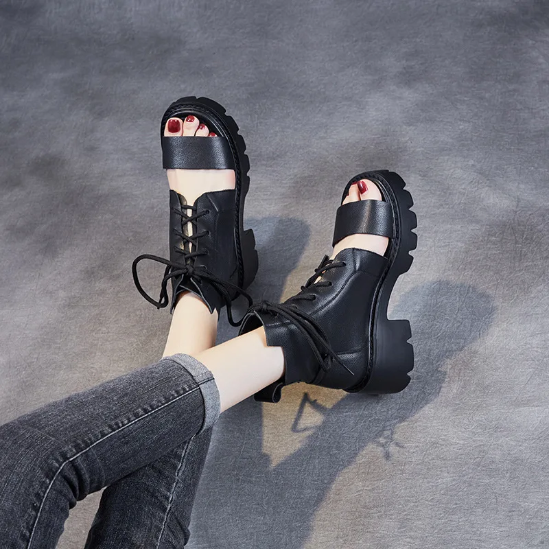 

2022 Leather High-top Sandals Women's European and American Personality Thick Heel Platform High-heel Leather Lace-up Sandals