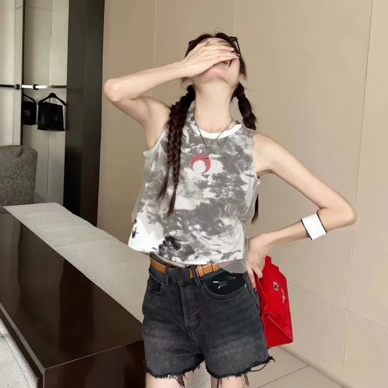 

Fashion Classic Trendy Luxury Designer Summer Dyed Moon Embroidered Round Neck Sleeveless Mesh Tank Top Women