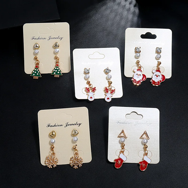 

3Pairs/Set Fashion Cartoon Christmas Earrings Set For Women Imitation Pearl Xmas Tree Deer Snowflake Santa Claus Earring Jewelry