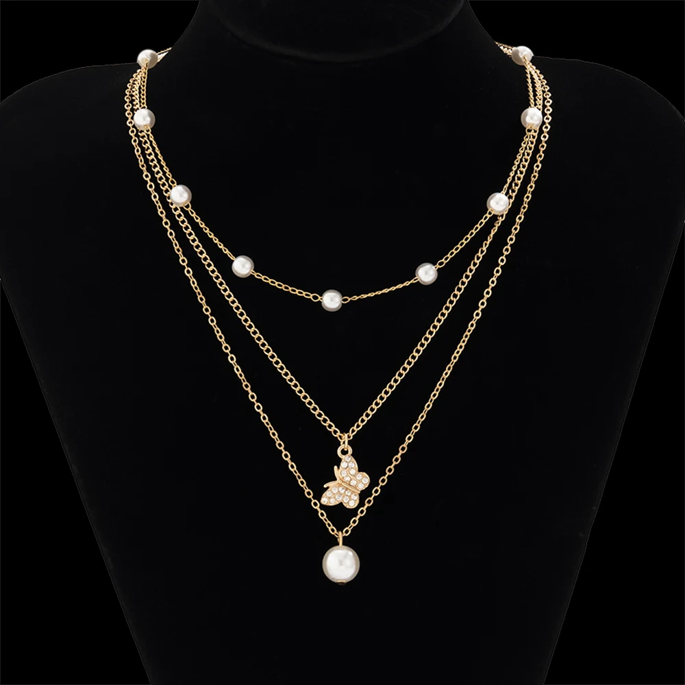 

KunJoe Elegant Rhinestone Butterfly Pendant Necklaces Link Chain Imitation Pearl Charms Necklaces Choker for Women Men Jewelry