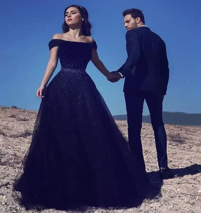 

Off Shoulder Navy Blue Prom Formal Dresses Elegant Saudi Arabic Beading Sequin Evening Party Gown Robe De Soiree Vestidos Festa