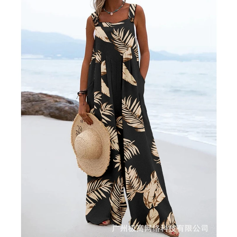 Women's Jumpsuits Summer Loose Leaves Printed Pleated Stitching Jumpsuits Women Spaghetti Strap Square Collar Wide Leg Jumpsuits