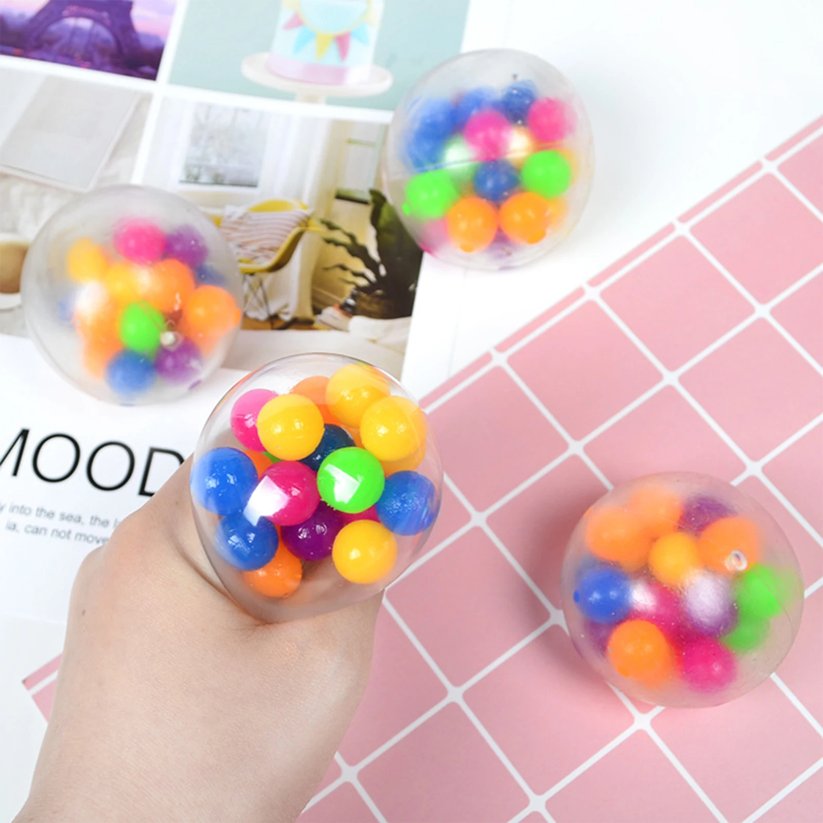 

Rainbow Pressure Ball Fidget Sensory Toys Colored Beads Anti-Stress Ball TPR Soft Glue Grape Pinch Squeeze Squishy Toy Kids Gift