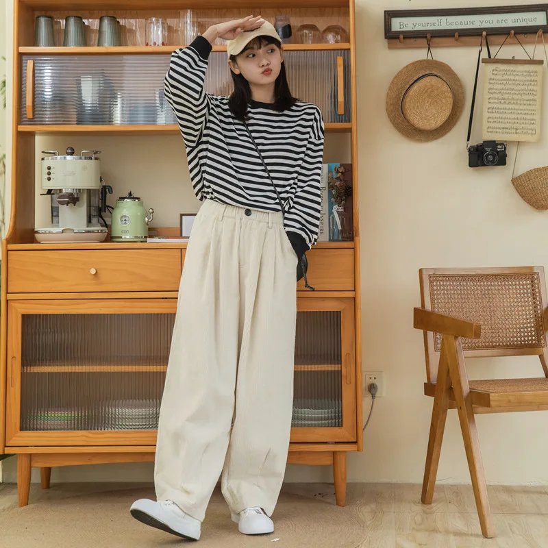 

New Autumn Winter Corduroy Pants Women Streetwear High Waist Wide Leg Pants Woman Vintage Brown Loose Straight Trousers
