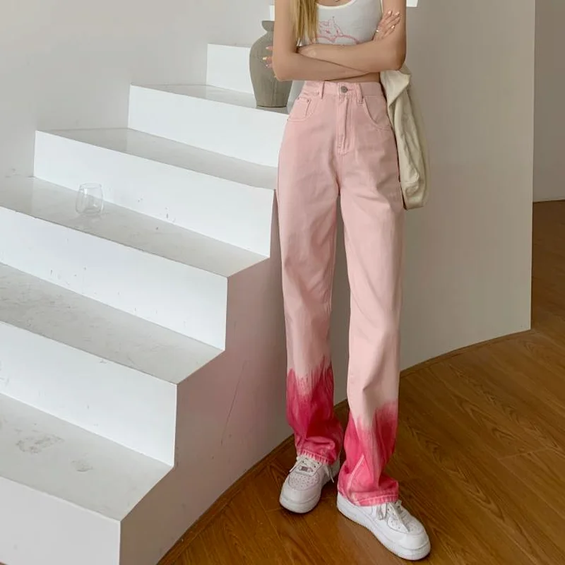 Pink Fashion Women's Jeans Gradient Outerwear Bottom High Waist Casual Plus Size Jeans Kawaii Spring and Autumn Wide Leg Jeans