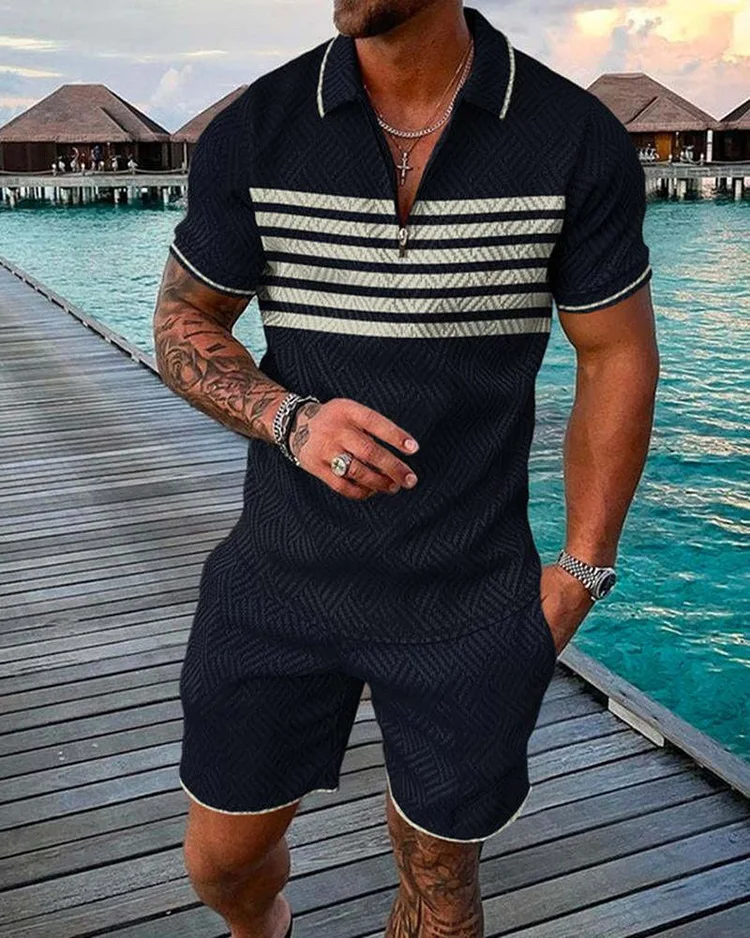 

Men's Tracksuit Casual Summer Short Sleeve Polo Shirt shorts Suit two-Piece Set Male Clothing Geometric Print Clothes for Men