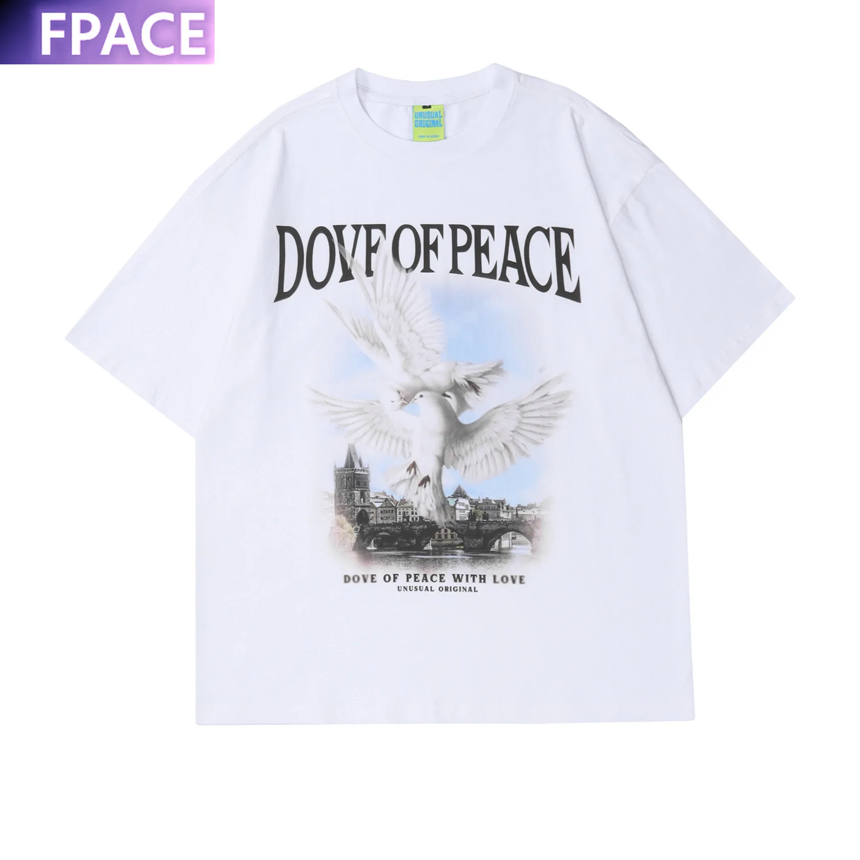 

Designer Original High Street Trendy Brand Men and Women Clothing Peace White Pigeon Short Sleeve T-shirt Loose Tees Oversized