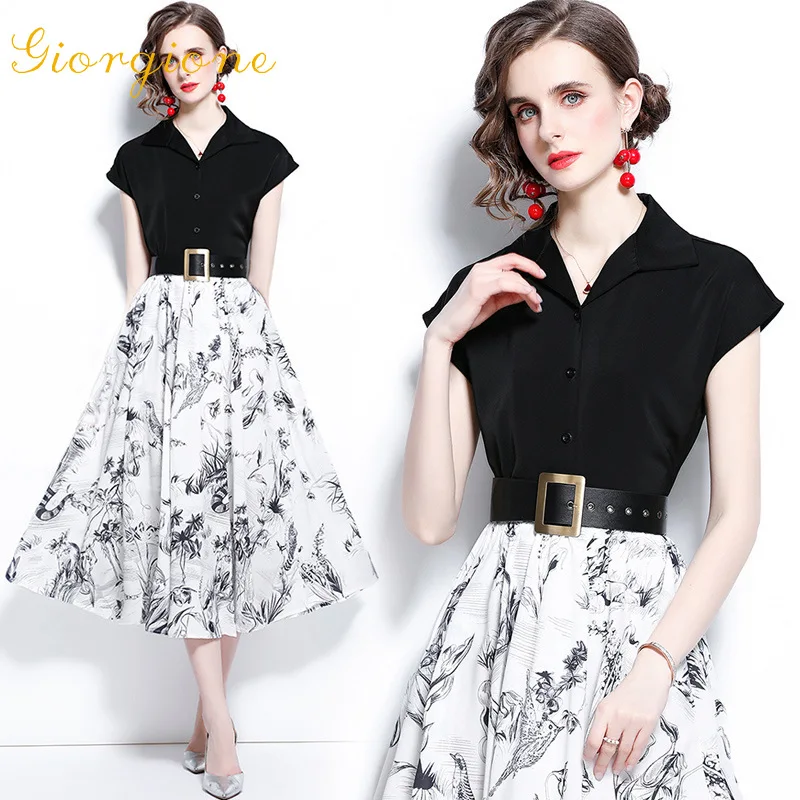 

Dress Giorgione 2022 New Retro Black V-neck Shirt Fashion Printing Big Hem Skirt Two-Piece Set Women's Clothing Free Shipping