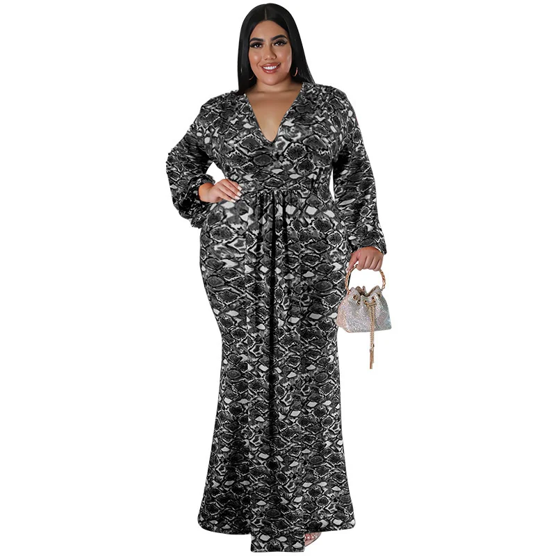Plus Size Women's Fishtail Dresses New Long Sleeve Hip Printed Fashion Party Dresses Large Size Female Casual Elegant Dresses