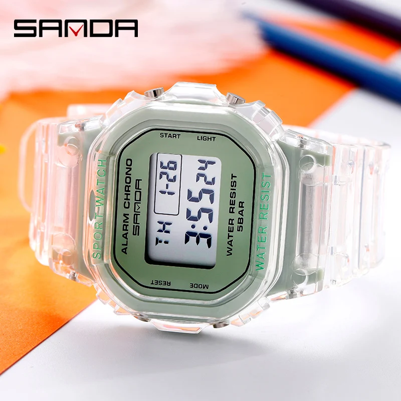 SANDA Fashion Women Electronic Watch 50M Waterproof Transparent Strap Luminous LED HD Digital Display Multifunction Watches 2009