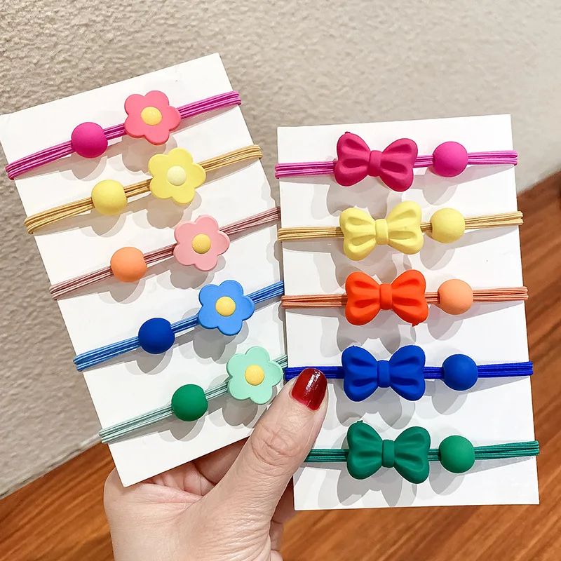 

5Pcs Children Candy Color Flower Bow Tie Hair Rope Little Girl Super Cute Hair Ring Baby Not Hurting Hair High Elastic Band