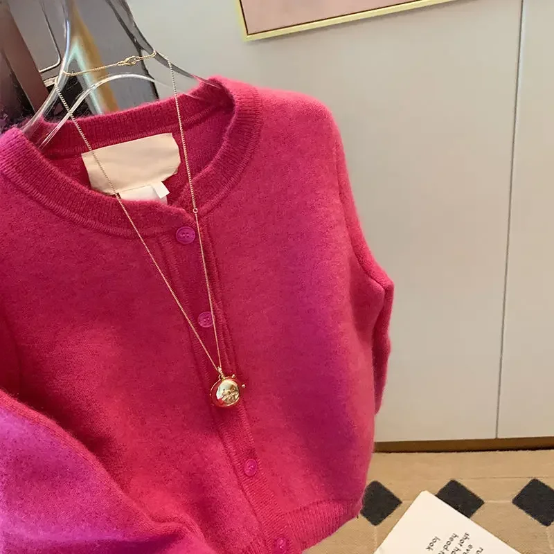 Красная Женская Осенняя трикотажная куртка мягкий стильный тонкий кардиган