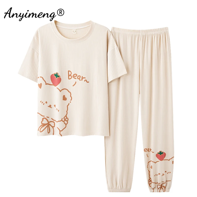 

Plus Size 4XL Summer Pajamas for Women Fashion Knitted Cotton Sleepwear for Young Girls Kawaii Bear Printing New Pajama Set