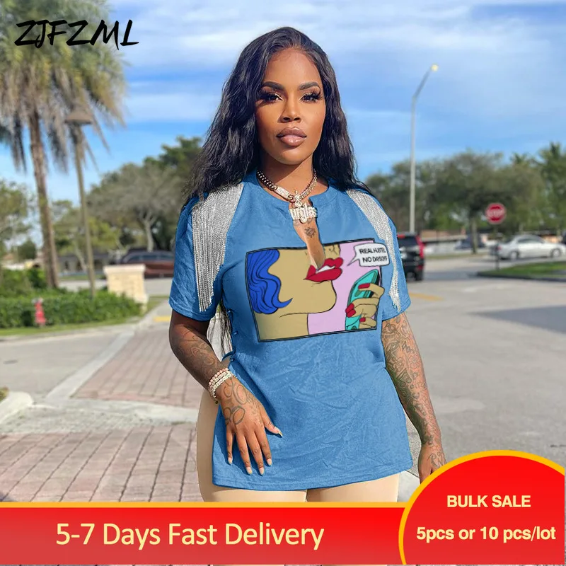 

Bulk Items Wholesale Lots Casual Funny Print Loose Tops Women Deep V Neck Tassel Short Sleeve T-shirt Fashion Side Split T Shirt