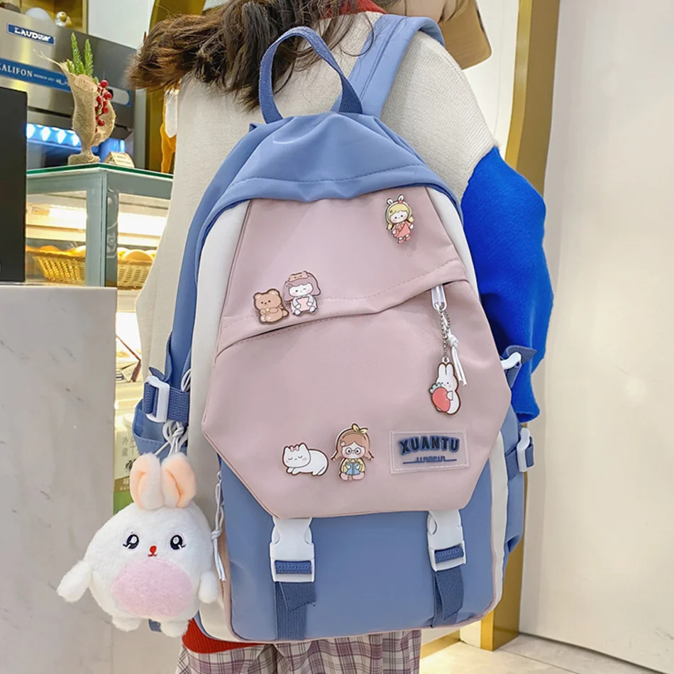 

2024 New Preppy Backpack Women Nylon Color Patchwork Rucksack for Teenage Girls Student Book Bag Satchel School Supplies Mochila