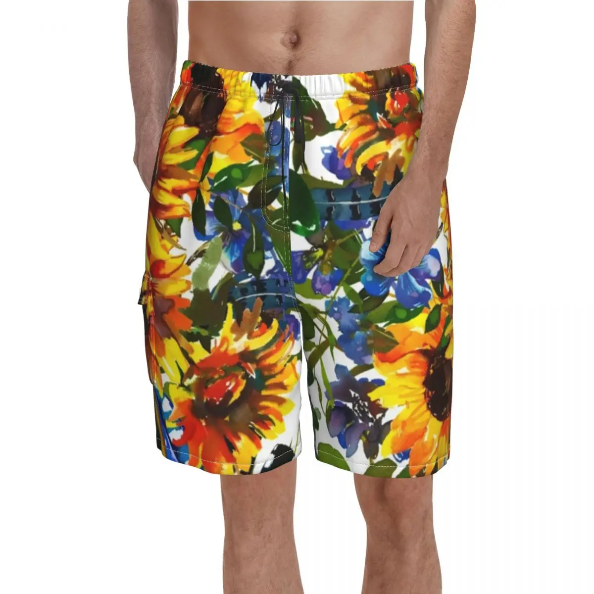 

Painted Sunflower Board Shorts High Quality Unique Sunflowers Design Customs Beach Short Pants Drawstring Pattern Swim Trunks