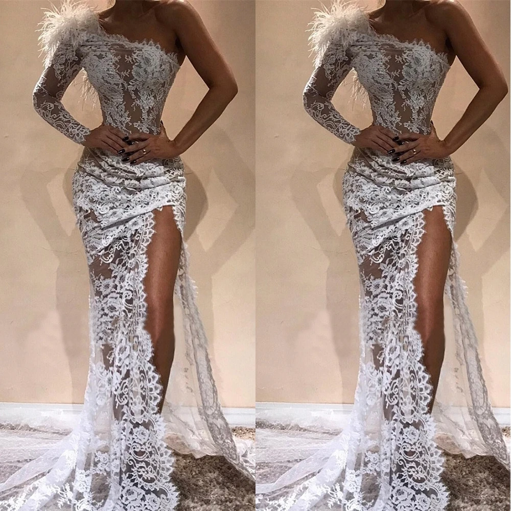 

One-Shoulder Thigh-High Slits Long Sleeve Evening Dress Formal Dresses Applique Ball Gown Lace Trumpet Mermaid Prom Party Gown