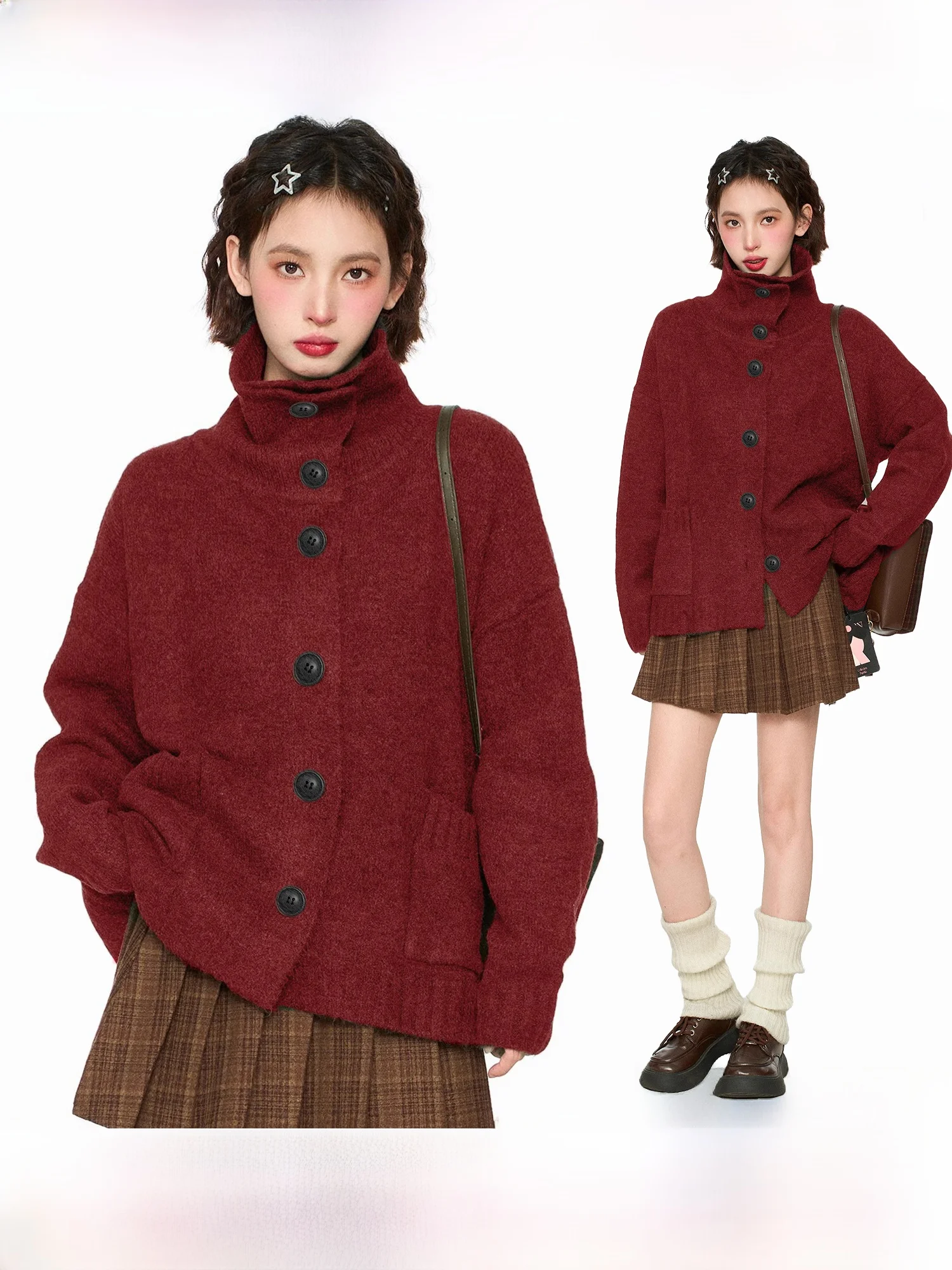 Рождественский красный свитер с воротником-стойкой и Верхняя одежда Женская